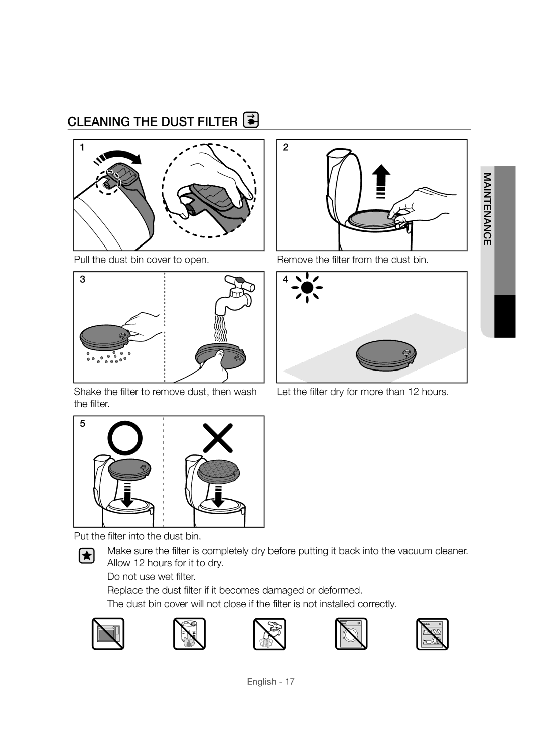 Samsung VC15F70HUSC/TR, VC20F70HUCC/TR, VC20F70HUCC/EG manual Cleaning the Dust Filter 