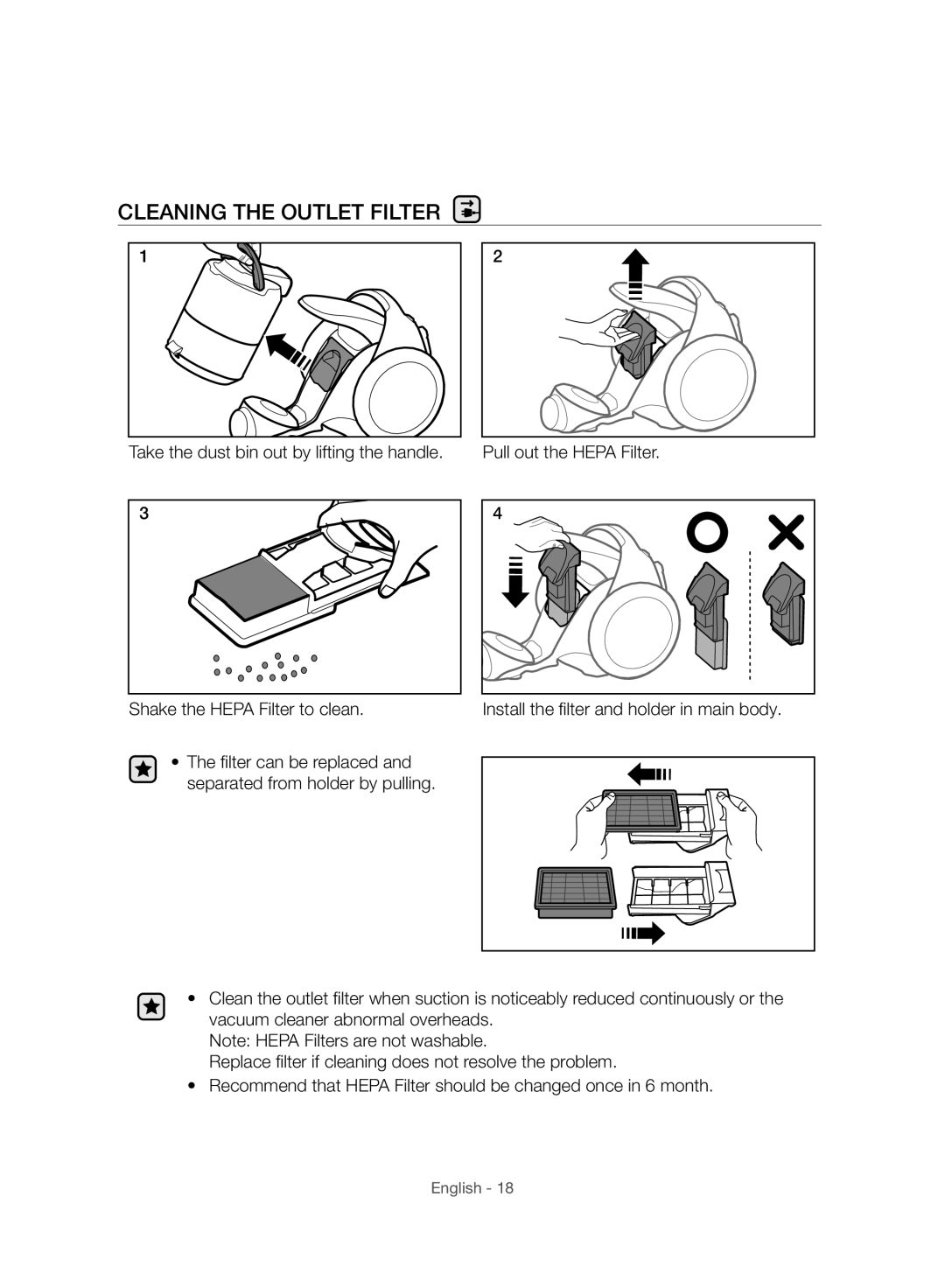 Samsung VC20F70HUCC/TR, VC15F70HUSC/TR, VC20F70HUCC/EG manual Cleaning the Outlet Filter 