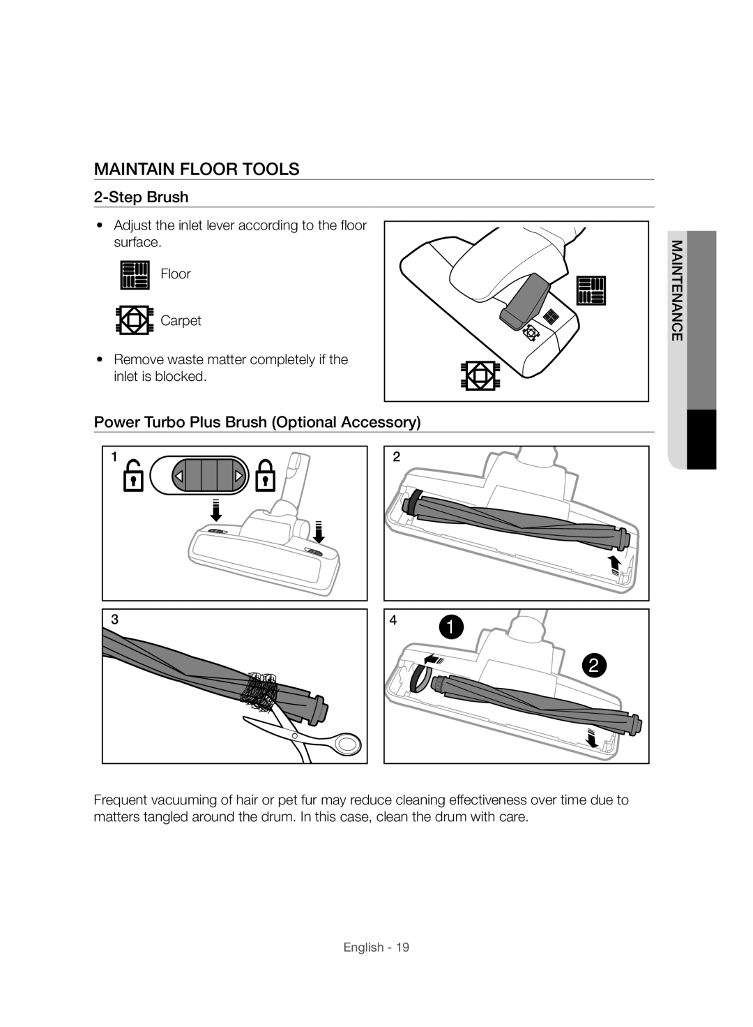 Samsung VC20F70HUCC/EG, VC15F70HUSC/TR manual Maintain Floor Tools, Step Brush, Power Turbo Plus Brush Optional Accessory 