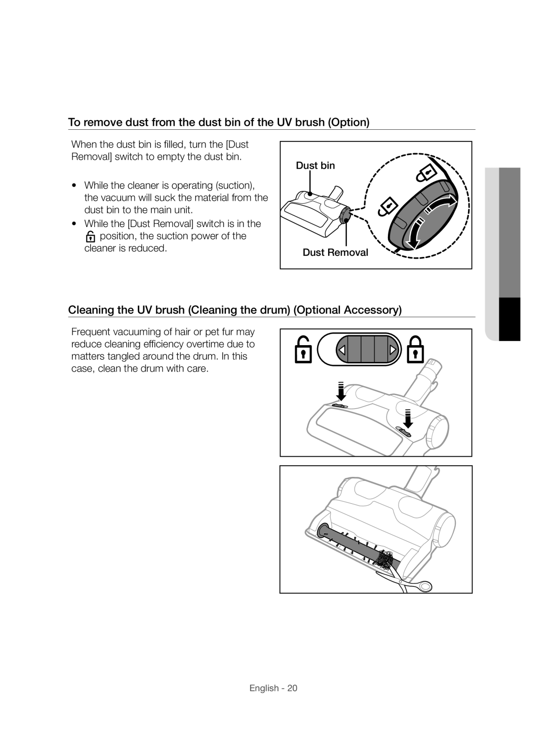 Samsung VC15F70HUSC/TR, VC20F70HUCC/TR, VC20F70HUCC/EG manual To remove dust from the dust bin of the UV brush Option 