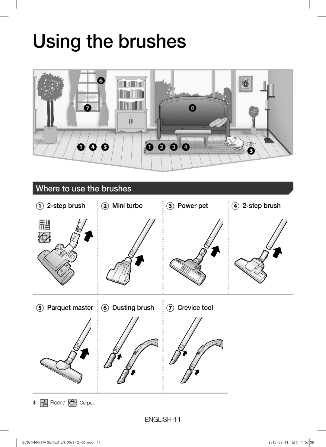 Samsung VC15H4010VR/MG manual Using the brushes, Where to use the brushes, ENGLISH-11 