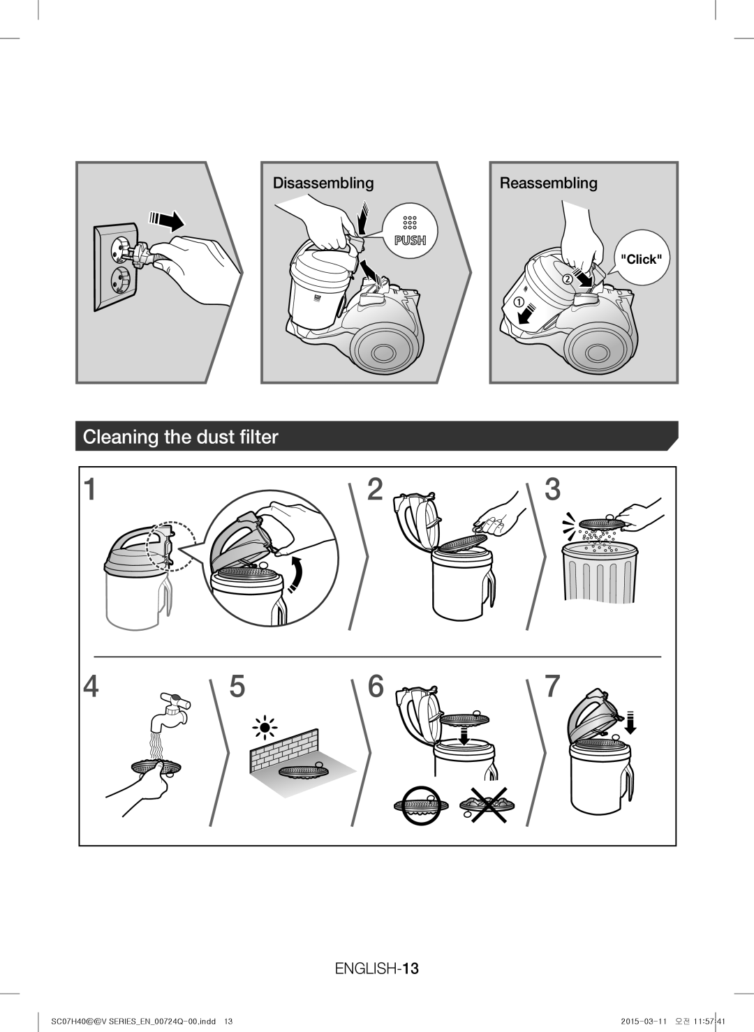 Samsung VC15H4010VR/MG manual Cleaning the dust filter 