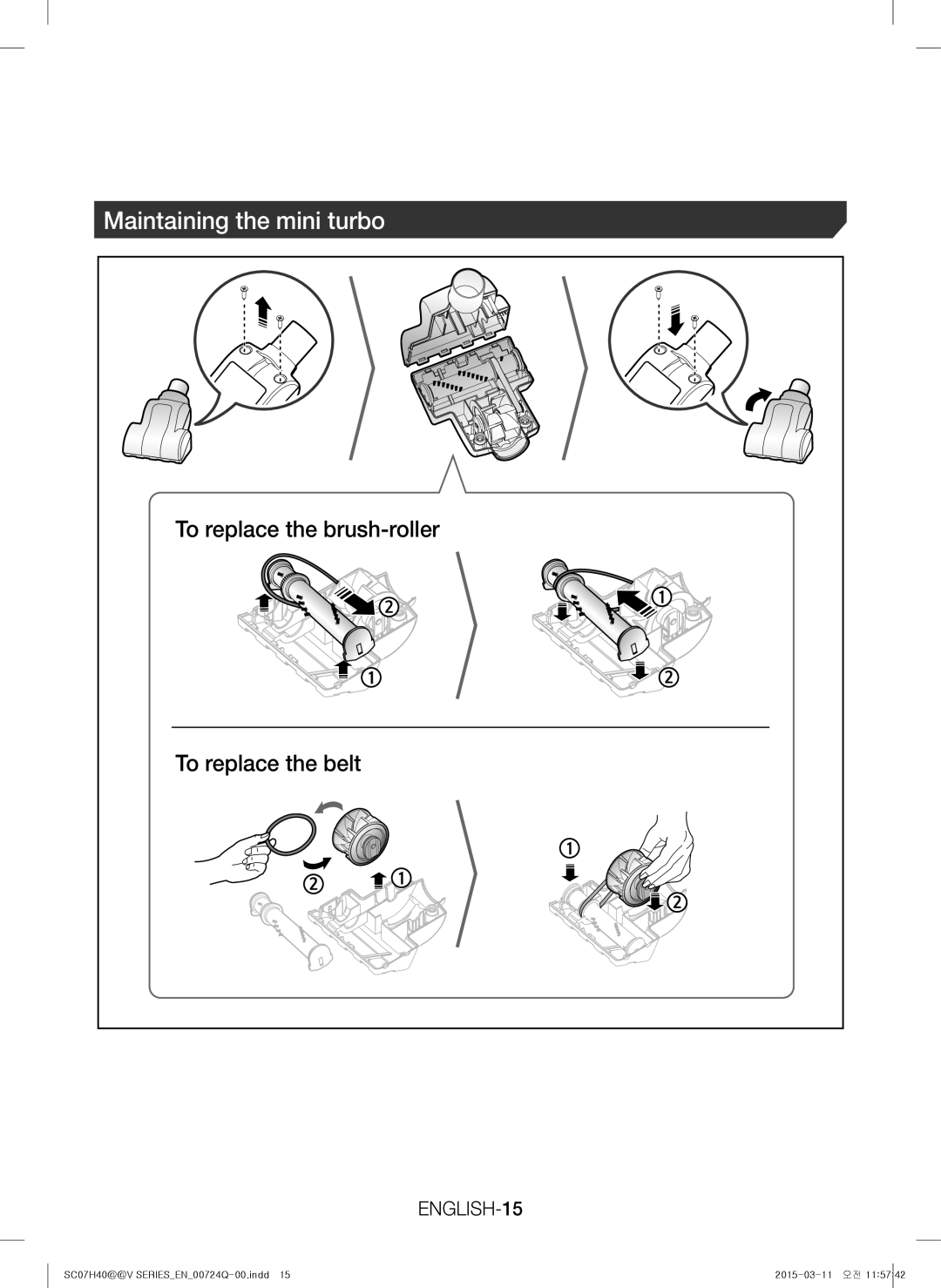 Samsung VC15H4010VR/MG manual Maintaining the mini turbo, ENGLISH-15 