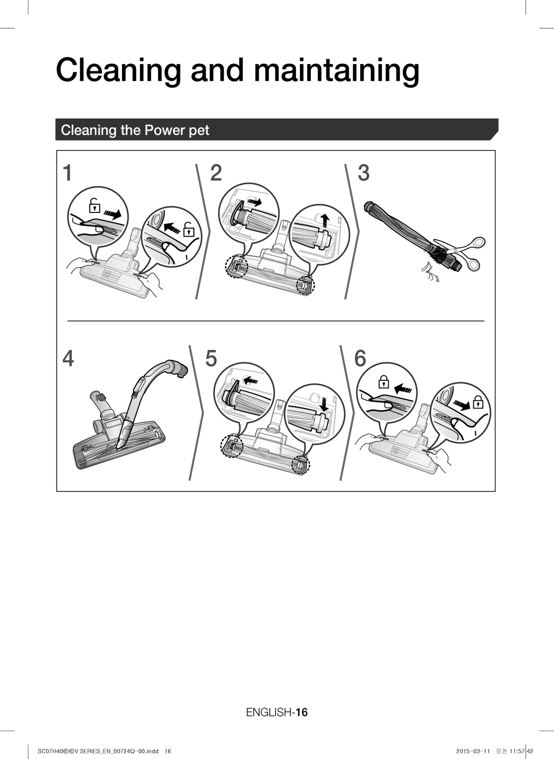 Samsung VC15H4010VR/MG manual Cleaning the Power pet, ENGLISH-16 