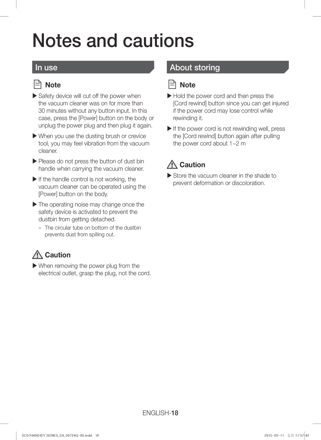 Samsung VC15H4010VR/MG manual Use About storing, ENGLISH-18 