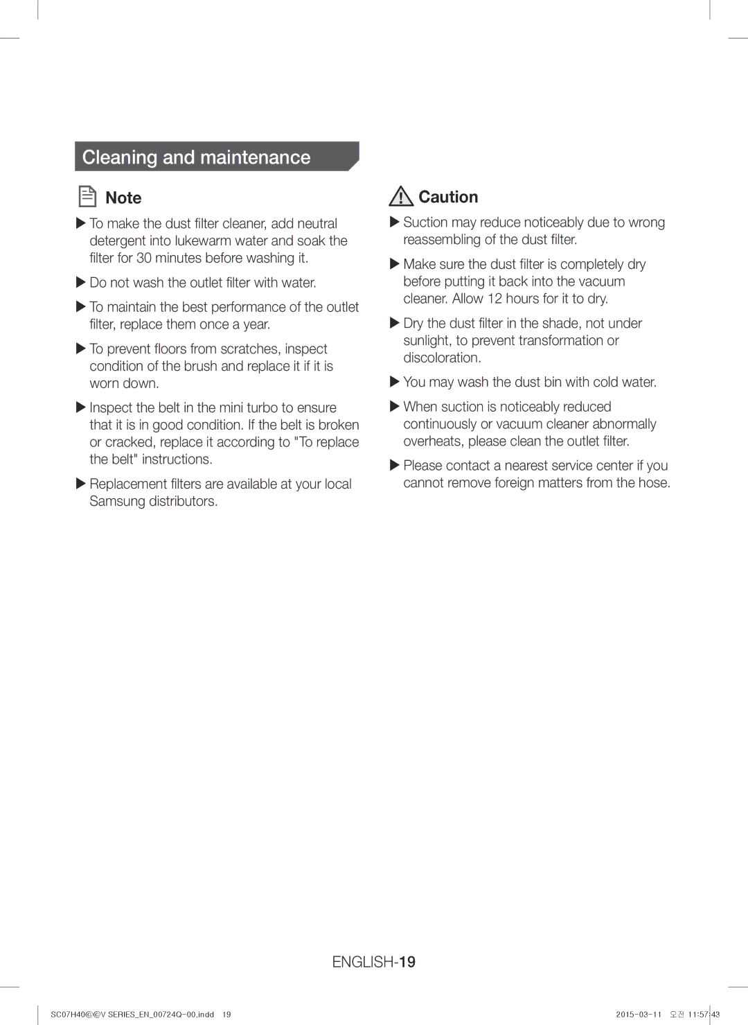 Samsung VC15H4010VR/MG manual Cleaning and maintenance, ENGLISH-19 