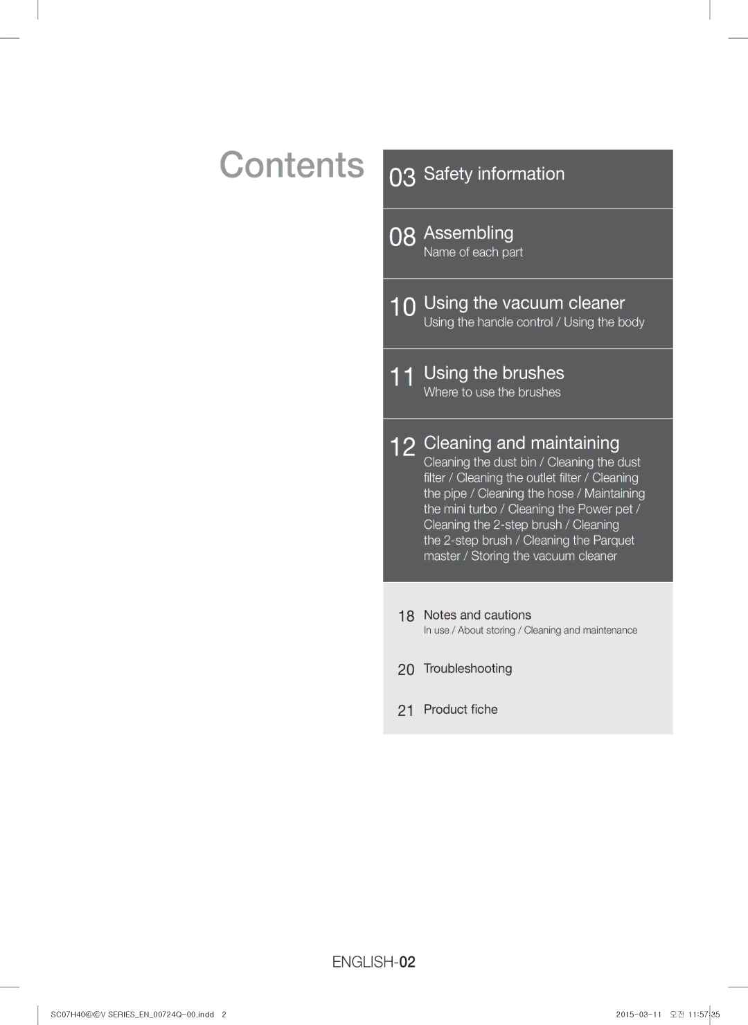 Samsung VC15H4010VR/MG manual Contents 