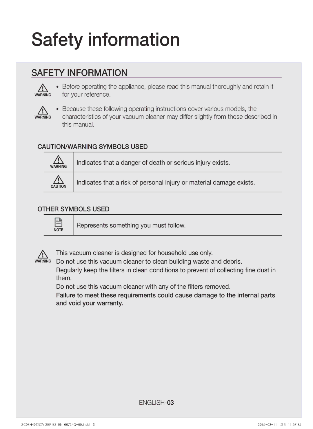 Samsung VC15H4010VR/MG manual Safety information, Other Symbols Used, ENGLISH-03 