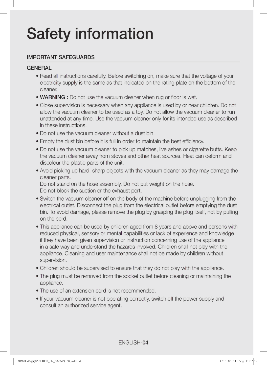 Samsung VC15H4010VR/MG manual Important Safeguards General, ENGLISH-04 