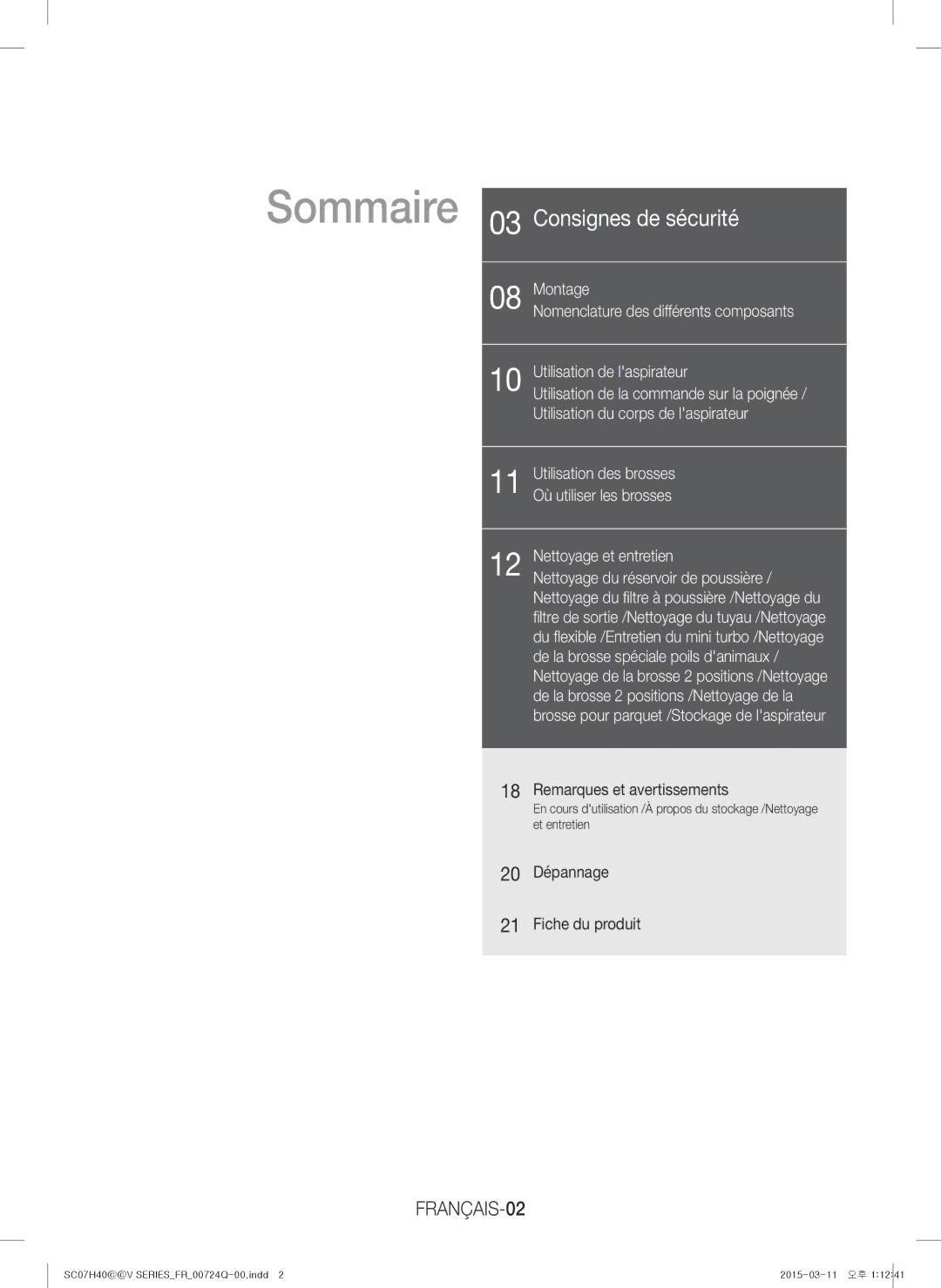 Samsung VC15H4010VR/MG manual Sommaire, FRANÇAIS-02 