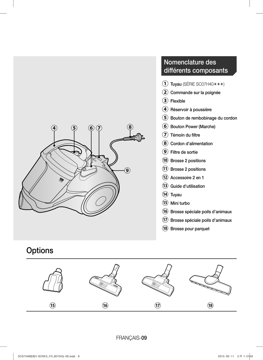 Samsung VC15H4010VR/MG manual Nomenclature des différents composants, FRANÇAIS-09 