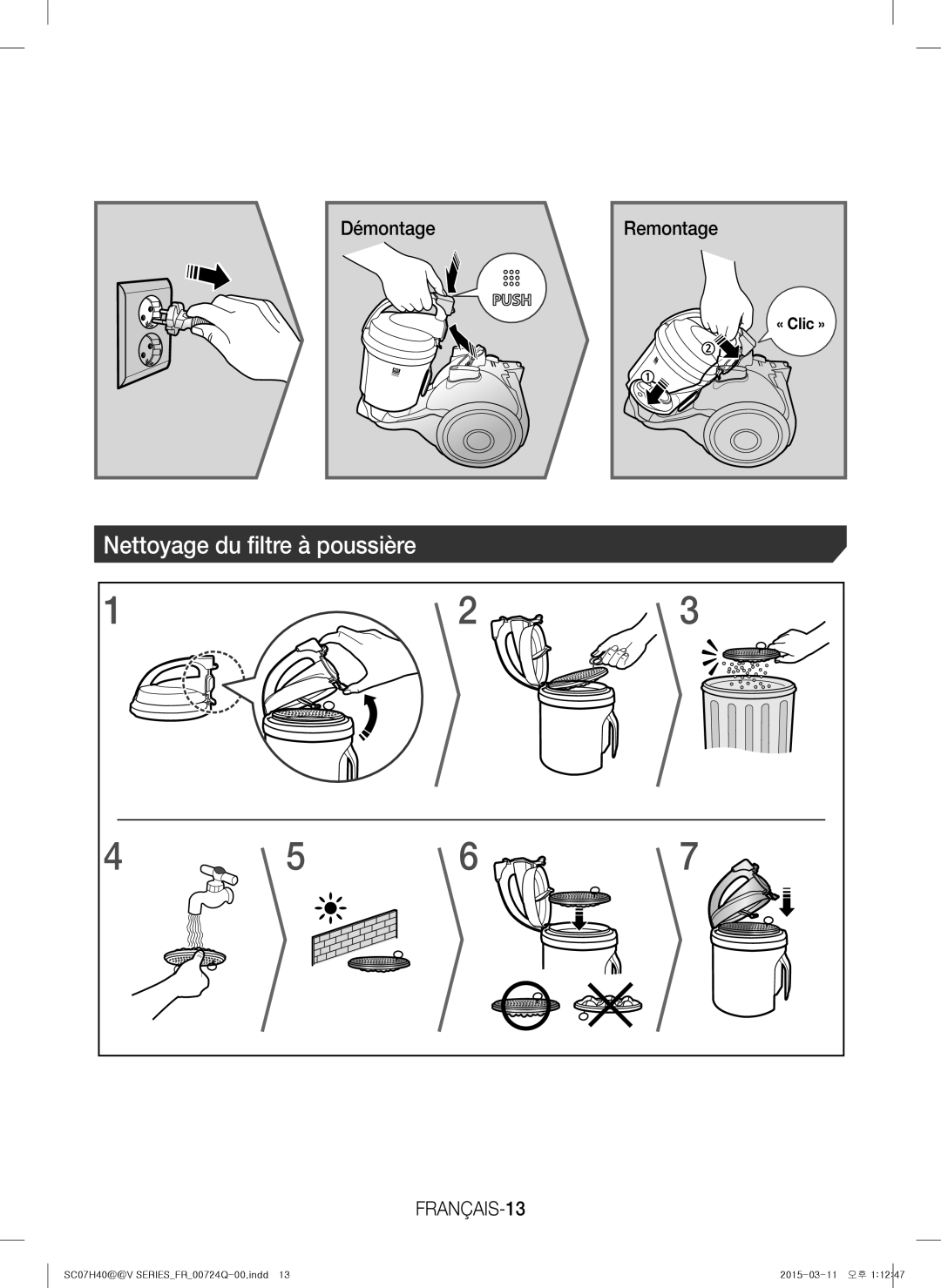 Samsung VC15H4010VR/MG manual Nettoyage du filtre à poussière, FRANÇAIS-13 