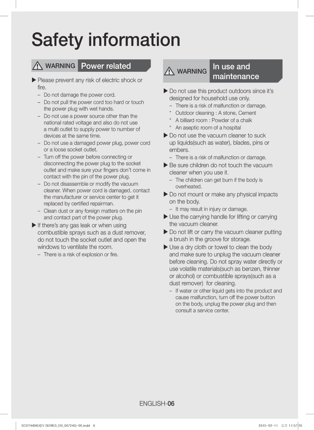 Samsung VC15H4010VR/MG manual ENGLISH-06, XXPlease prevent any risk of electric shock or fire 