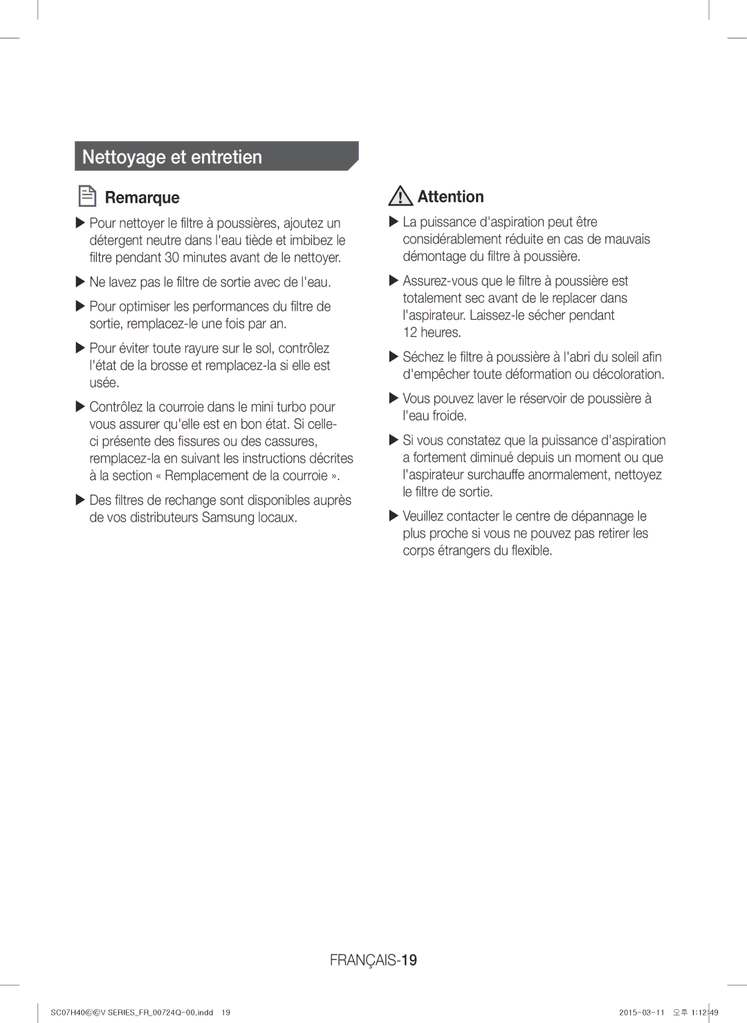 Samsung VC15H4010VR/MG manual Nettoyage et entretien, FRANÇAIS-19 