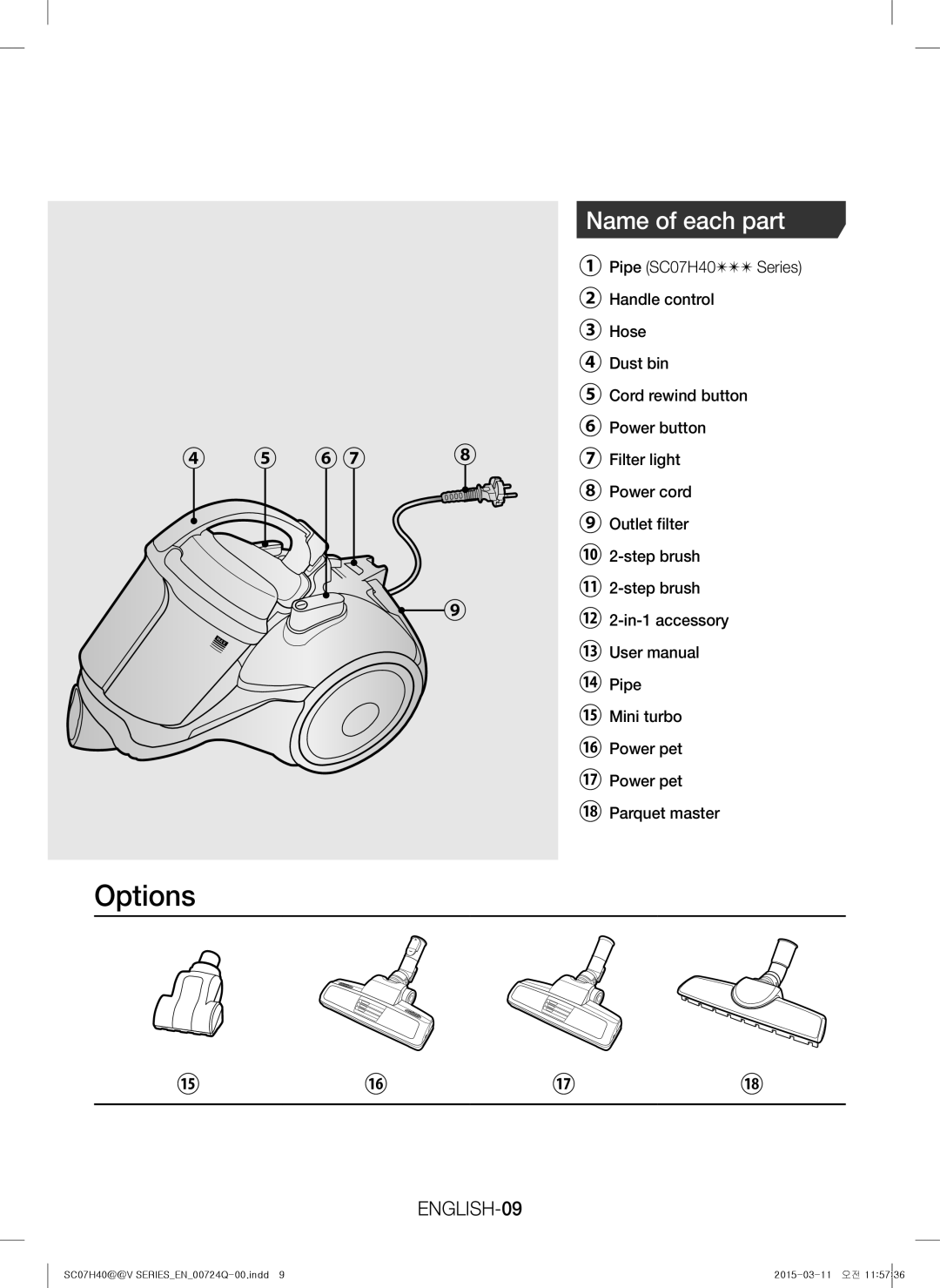 Samsung VC15H4010VR/MG manual Name of each part, ENGLISH-09 