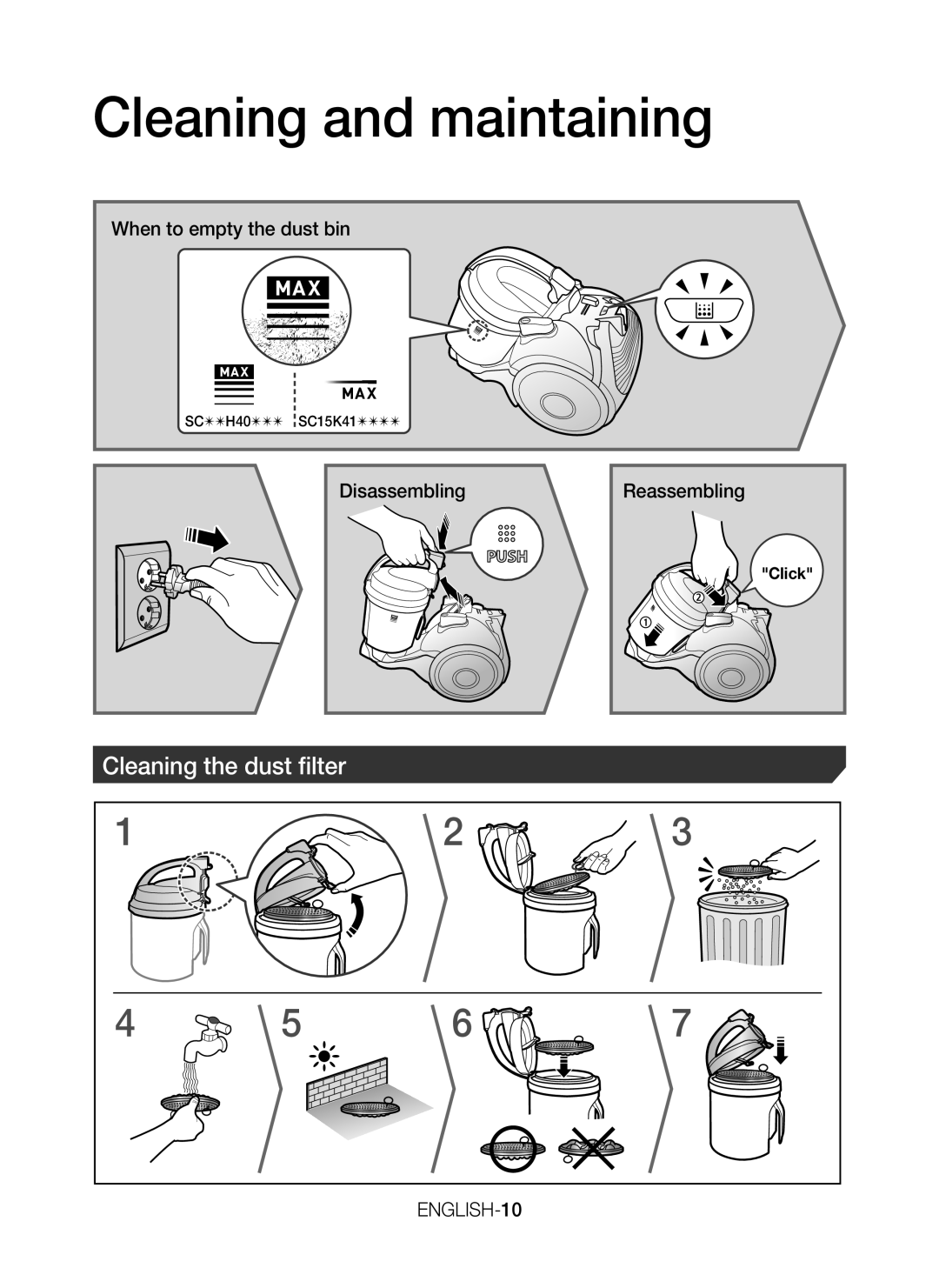 Samsung VC15H4050VY/SV, VC15H4010VR/ST, VC15K4110VR/EV, VC15K4170VP/EV, VC15K4130VL/EV manual Cleaning the dust filter 