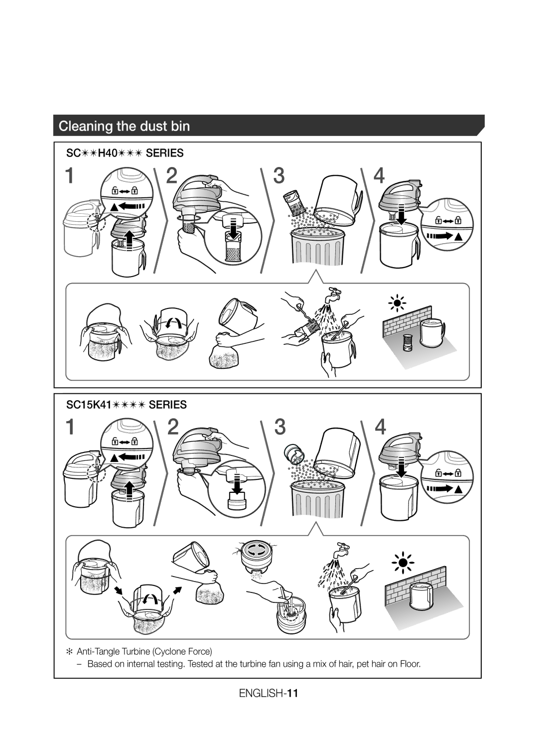 Samsung VC15H4030VB/SV, VC15H4010VR/ST, VC15K4110VR/EV, VC15K4170VP/EV, VC15K4130VL/EV, VC15H4050VY/SV Cleaning the dust bin 