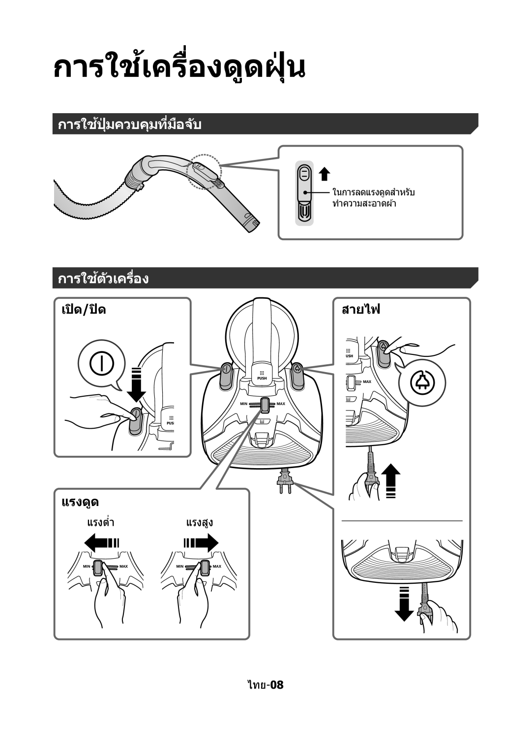 Samsung VC15H4010VR/ST, VC15K4110VR/EV manual การใชเครื่องดูดฝุ้ ่ น, การใชปุ้ ่ มควบคุมที่มือจ ับ, การใชต้ ัวเครื่อง 