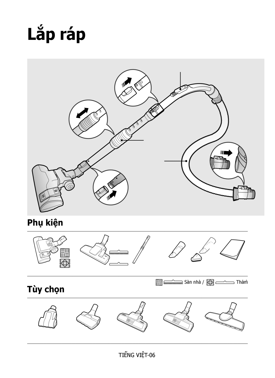 Samsung VC15H4050VY/SV, VC15H4010VR/ST, VC15K4110VR/EV, VC15K4170VP/EV, VC15K4130VL/EV manual Lắp ráp, Phụ kiện Tùy chọn 