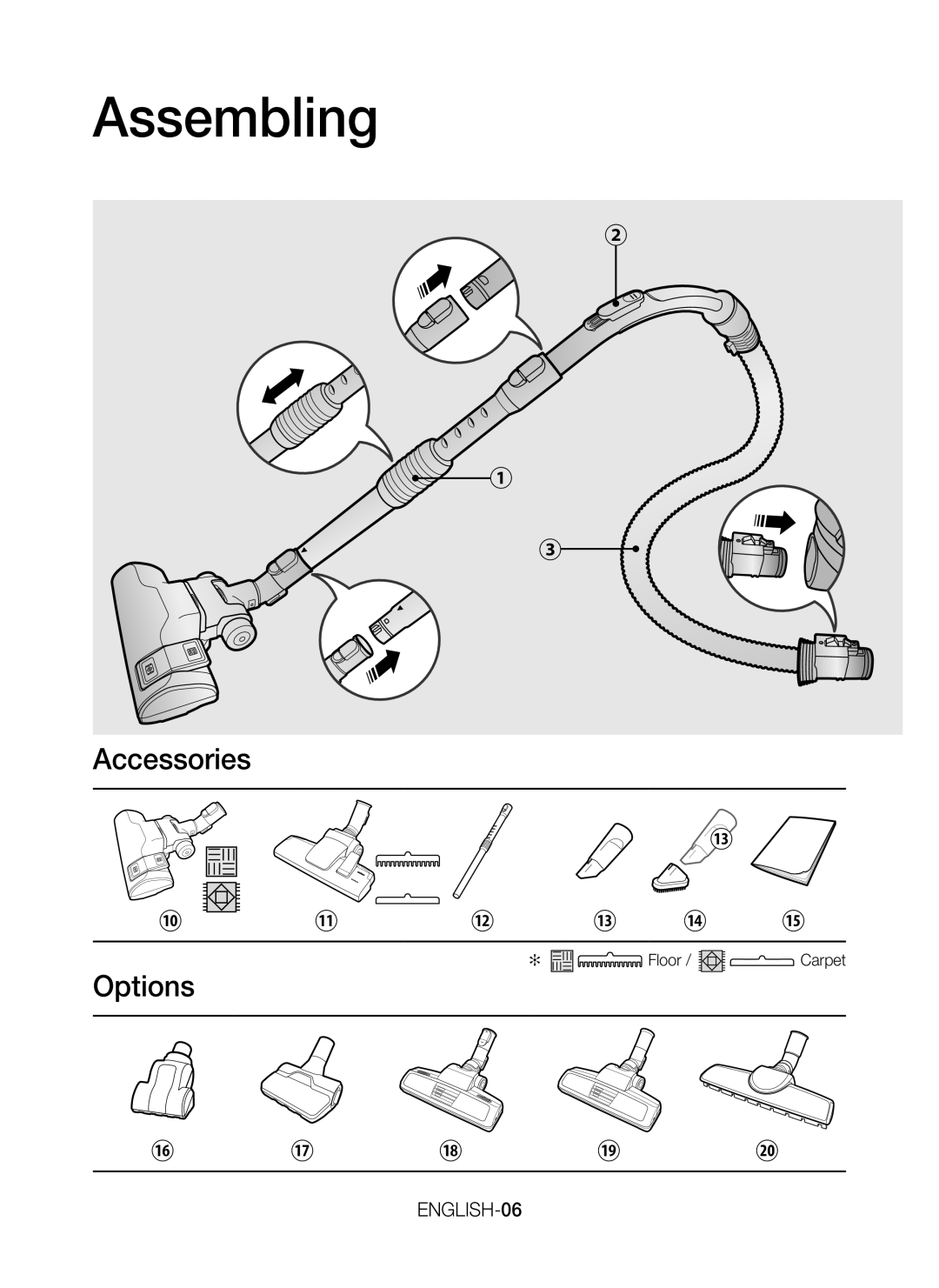 Samsung VC15H4010VR/ST, VC15K4110VR/EV, VC15K4170VP/EV, VC15K4130VL/EV, VC15H4050VY/SV, VC15H4030VB/SV manual Assembling 