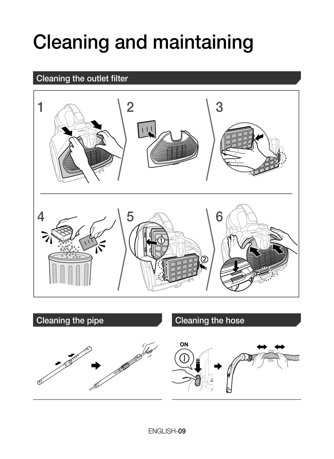 Samsung VC15K4130VL/EV, VC15H4010VR/ST, VC15K4110VR/EV, VC15K4170VP/EV, VC15H4050VY/SV manual Cleaning and maintaining 