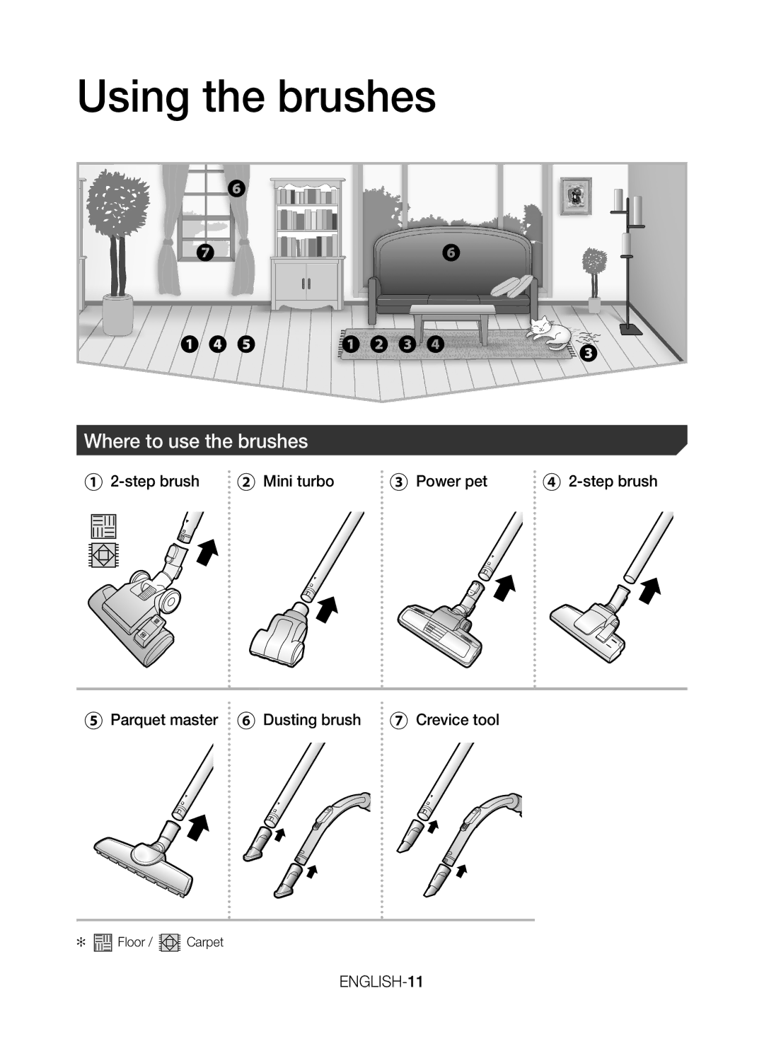 Samsung VC15H4030VB/SV, VC15H4050VY/SV manual Using the brushes, ENGLISH-11 