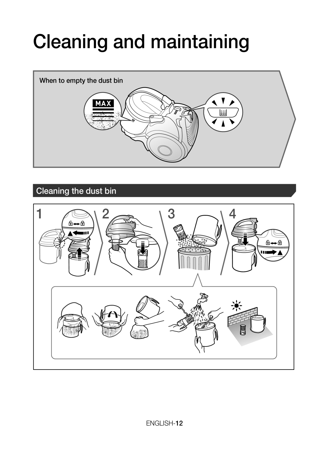 Samsung VC15H4050VY/SV, VC15H4030VB/SV manual Cleaning and maintaining 