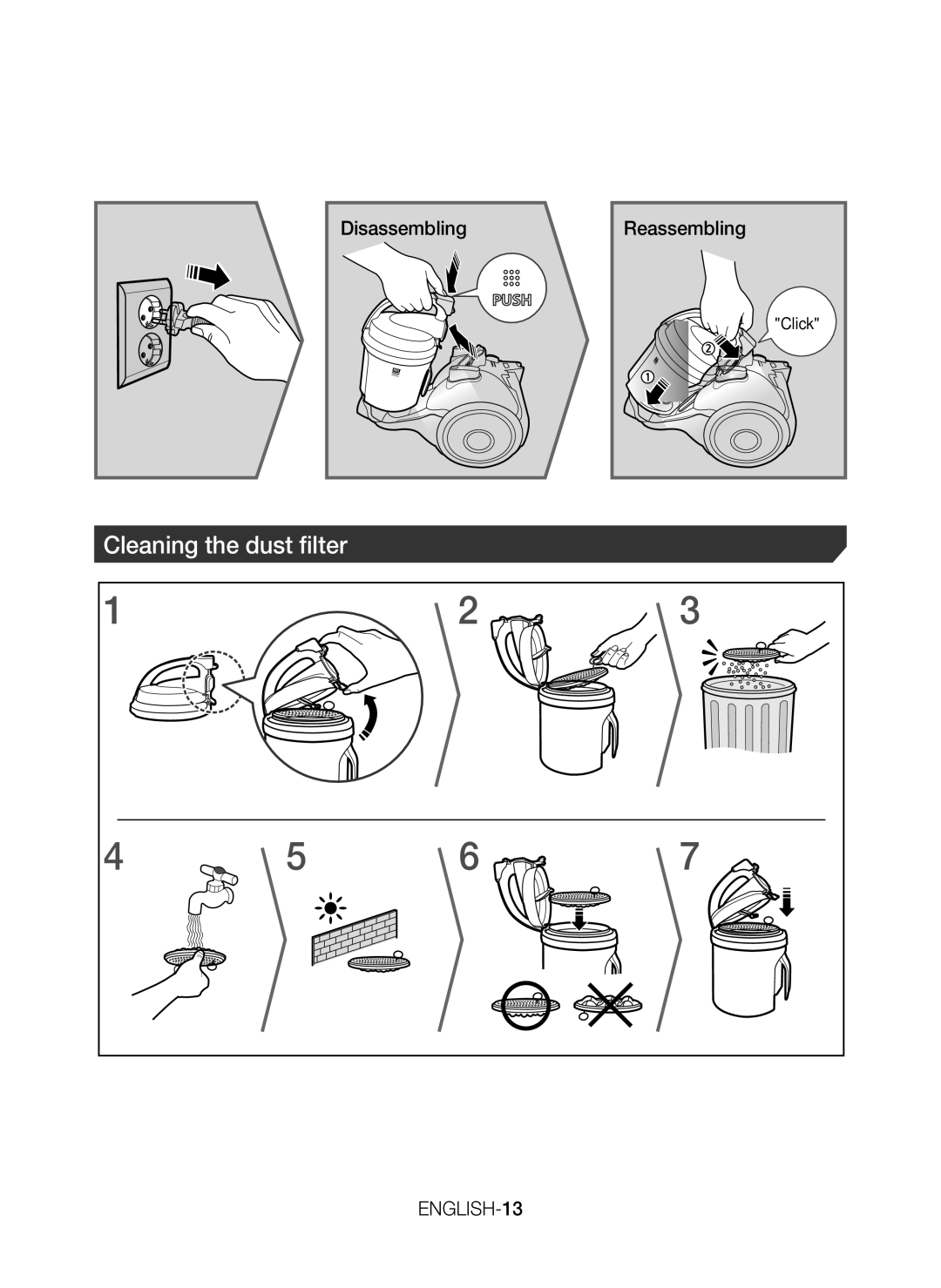 Samsung VC15H4030VB/SV, VC15H4050VY/SV manual Cleaning the dust filter 