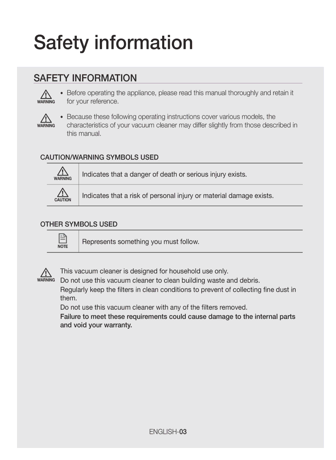 Samsung VC15H4030VB/SV, VC15H4050VY/SV manual Safety information, Other Symbols Used, ENGLISH-03 