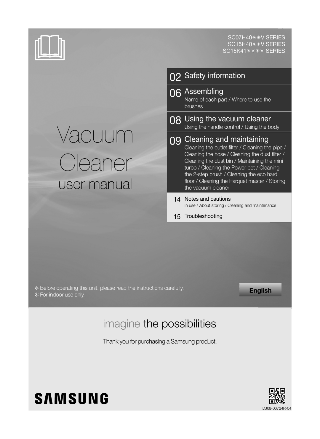 Samsung VC15H4060VL/ML manual Vacuum Cleaner, Thank you for purchasing a Samsung product 