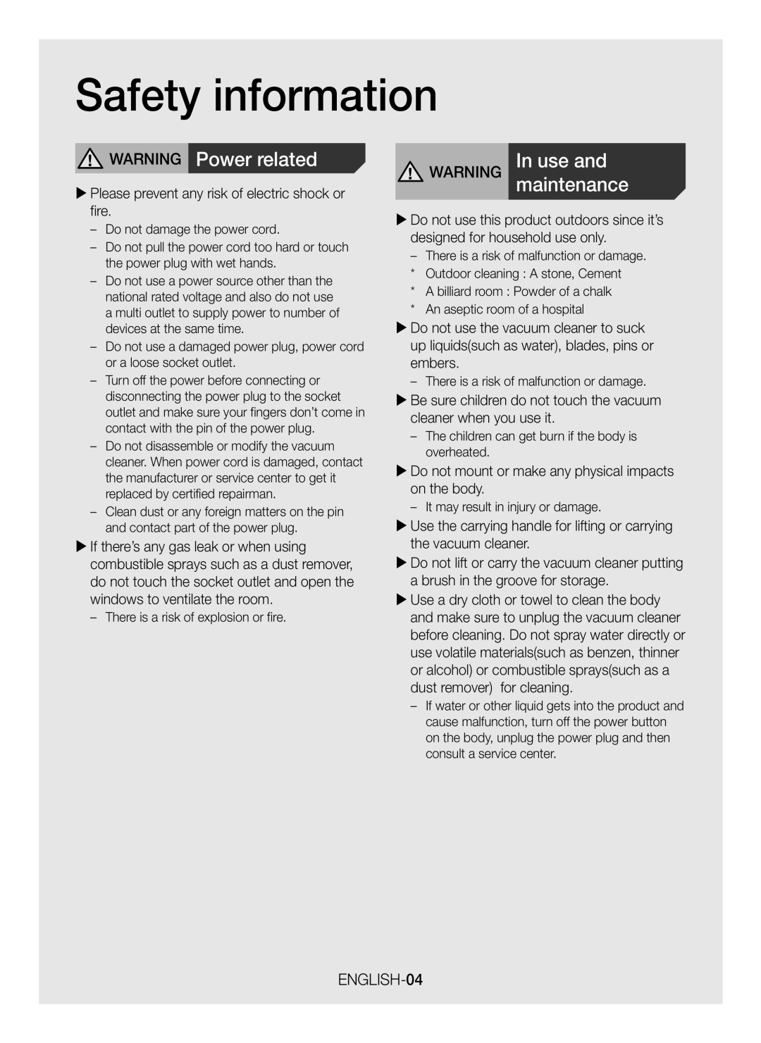 Samsung VC15H4060VL/ML manual  Please prevent any risk of electric shock or fire 