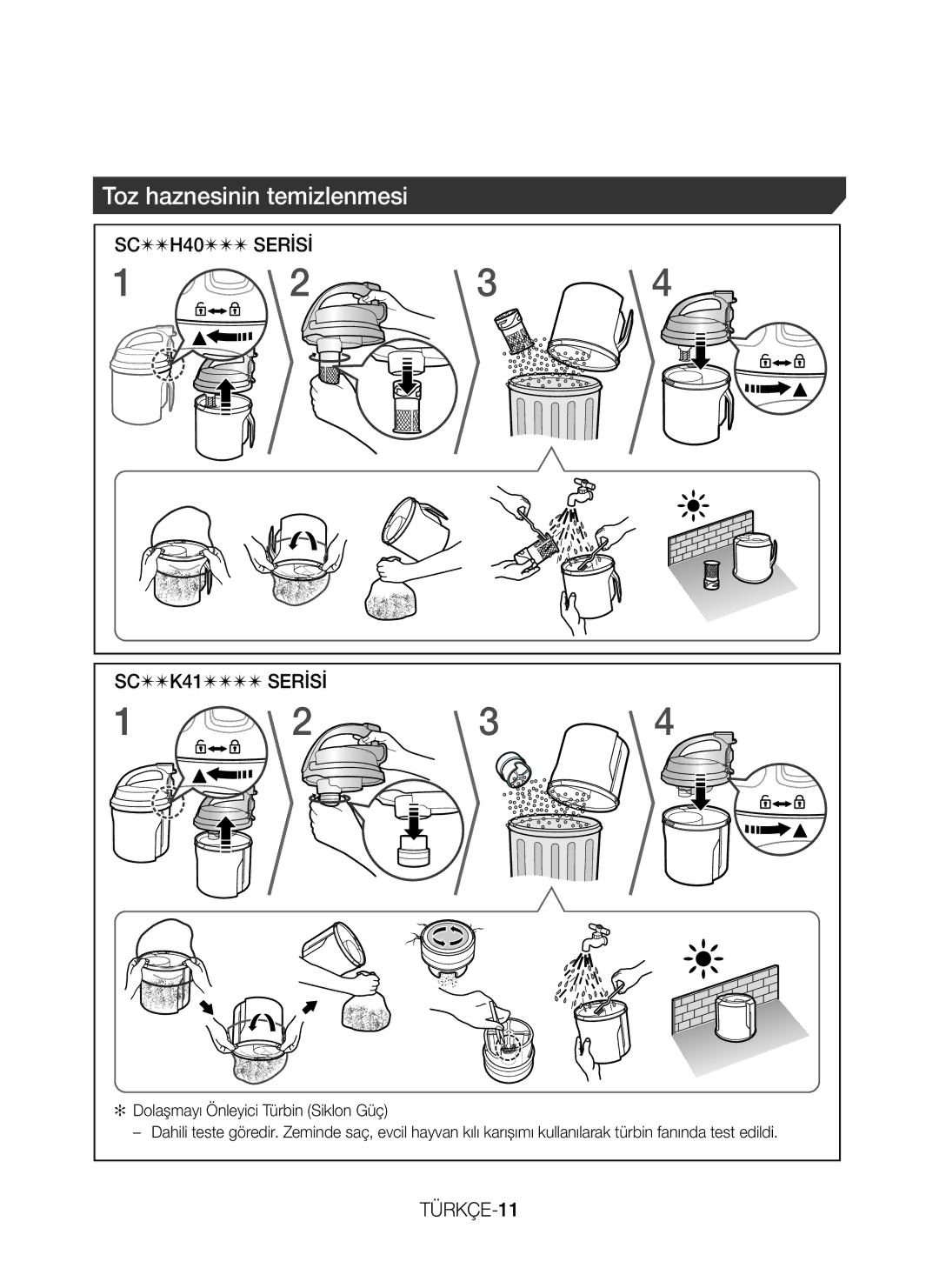 Samsung VC07H40J1VR/TR, VC15H40E0VR/TR, VC07K41F0VR/GE, VC07K41F0VR/ET, VC15H4010VR/ST Toz haznesinin temizlenmesi, TÜRKÇE-11 