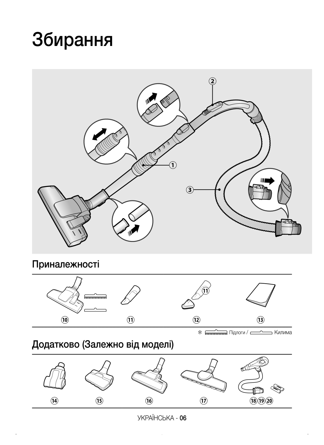 Samsung VC15H4030H1/EV, VC15K4110VR/EV, VC15K4170VP/EV, VC15K4130VL/EV, VC15H4030VB/EV Збирання, Додатково Залежно від моделі 