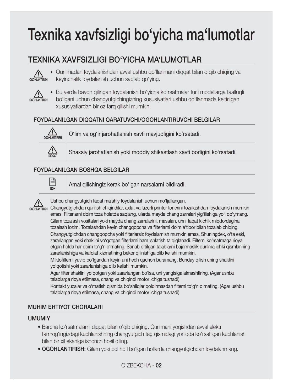 Samsung VC15H4031VB/EV, VC15K4110VR/EV, VC15K4170VP/EV, VC15K4130VL/EV manual Texnika xavfsizligi bo‘yicha ma‘lumotlar 