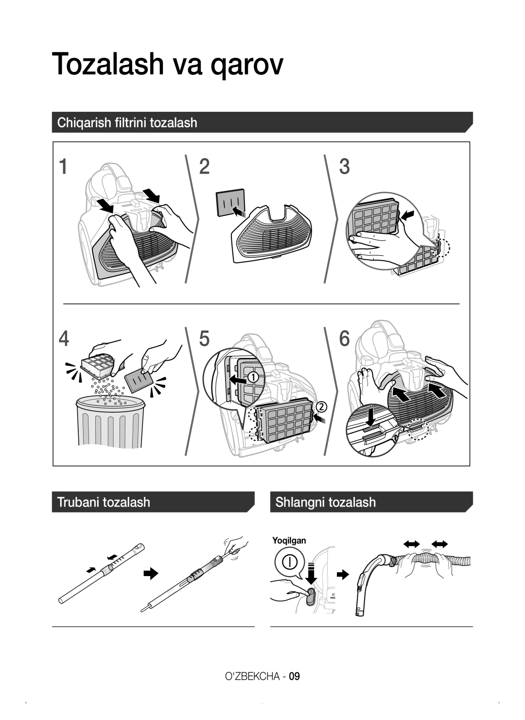 Samsung VC15H4030VB/EV, VC15K4110VR/EV, VC15K4170VP/EV, VC15K4130VL/EV, VC15H4030H1/EV, VC15K4170HG/EV manual Tozalash va qarov 