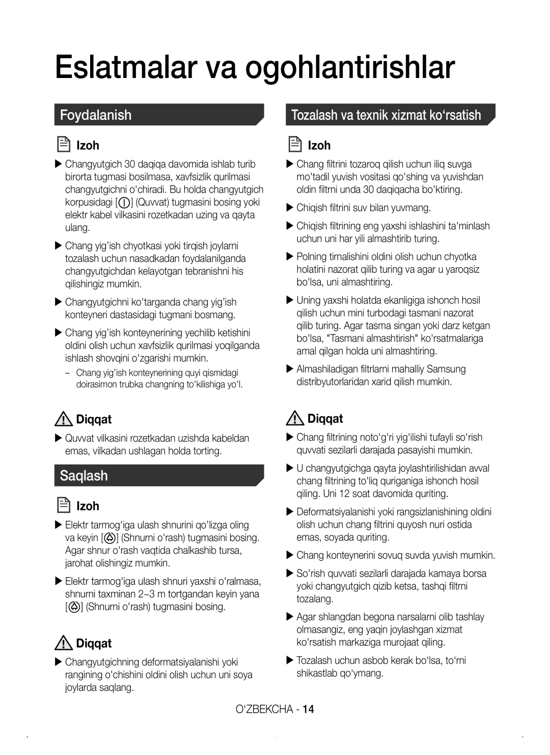 Samsung VC15K4116VR/EV, VC15K4110VR/EV, VC15K4170VP/EV, VC15K4130VL/EV manual Eslatmalar va ogohlantirishlar, Saqlash 