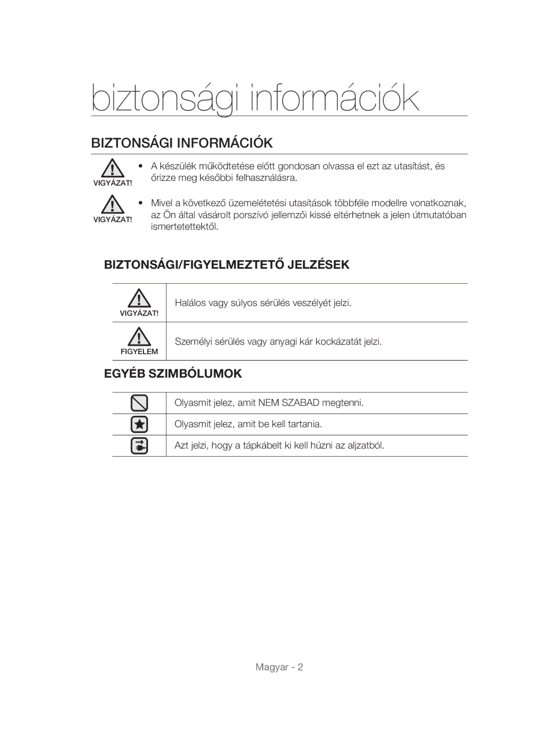 Samsung VC12QHNDCBB/EG, VC15QHNDC6B/EH Biztonsági információk, Biztonsági Információk, BIZTONSÁGI/FIGYELMEZTETŐ Jelzések 