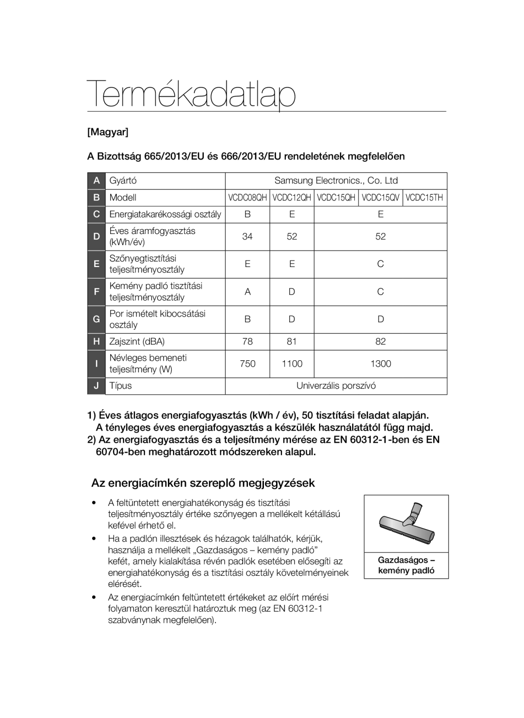 Samsung VC12QHNDCBB/EG, VC15QHNDC6B/EH manual Termékadatlap, Az energiacímkén szereplő megjegyzések, Teljesítmény W Típus 