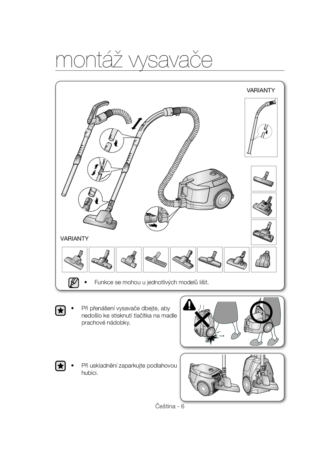 Samsung VC12QHNDCBB/EH, VC15QHNDC6B/EH, VC15QVNDCNC/EH, VC12QHNDCBB/EG, VC15THNDCBB/EH manual Montáž vysavače, Varianty 