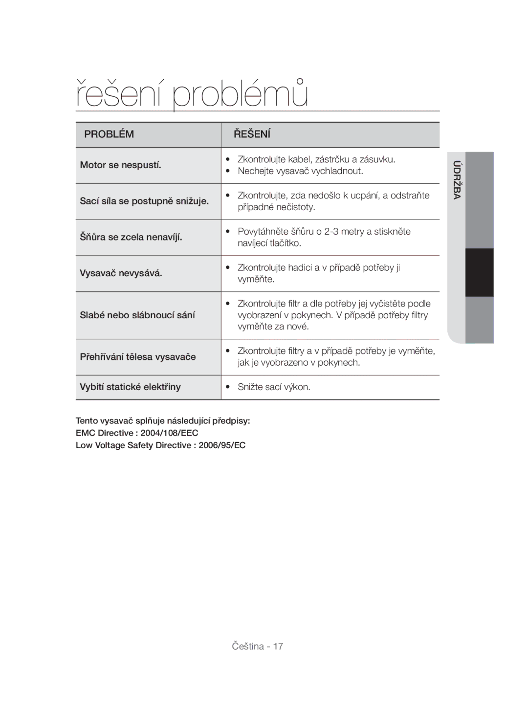 Samsung VC15THNDCBB/EH, VC15QHNDC6B/EH, VC15QVNDCNC/EH, VC12QHNDCBB/EG, VC12QHNDCBB/EH manual Řešení problémů, Problém Řešení 