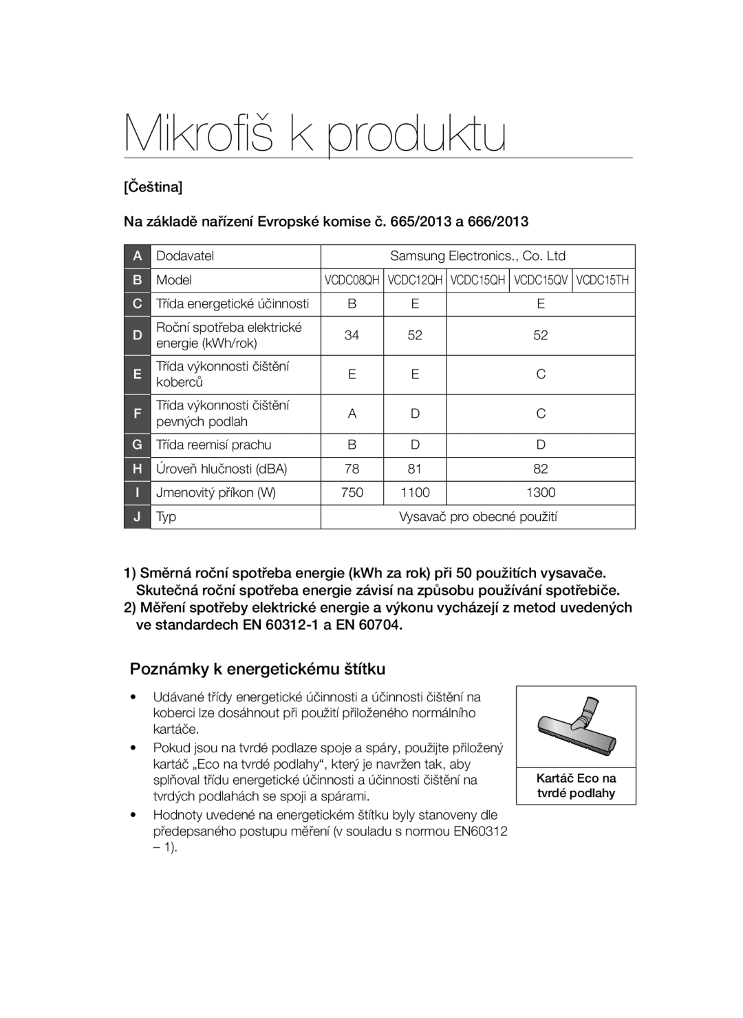 Samsung VC12QHNDCBB/EH, VC15QHNDC6B/EH, VC15QVNDCNC/EH manual Mikrofiš k produktu, Poznámky k energetickému štítku, 1300 Typ 