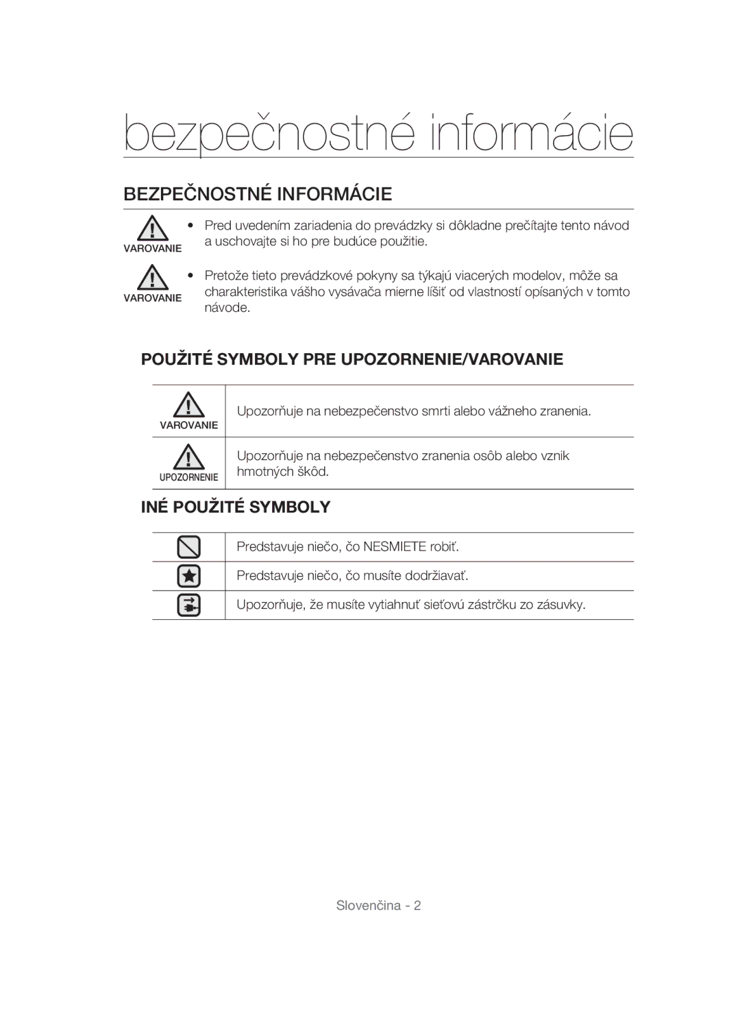 Samsung VC12QHNDCBB/EG manual Bezpečnostné informácie, Bezpečnostné Informácie, Použité Symboly PRE UPOZORNENIE/VAROVANIE 