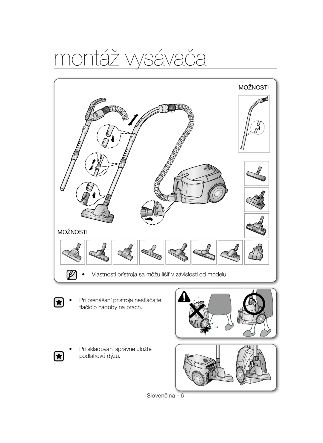 Samsung VC15QHNDC6B/EH manual Montáž vysávača, Možnosti, Vlastnosti prístroja sa môžu líšiť v závislosti od modelu 