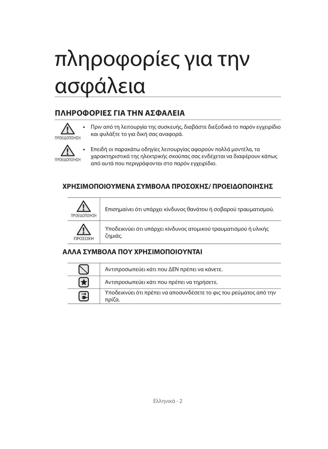 Samsung VC12QHNDCBB/EH manual Πληροφορίες για την ασφάλεια, Πληροφορίεσ ΓΙΑ ΤΗΝ Ασφάλεια, Αλλα Συμβολα ΠΟΥ Χρησιμοποιουνται 