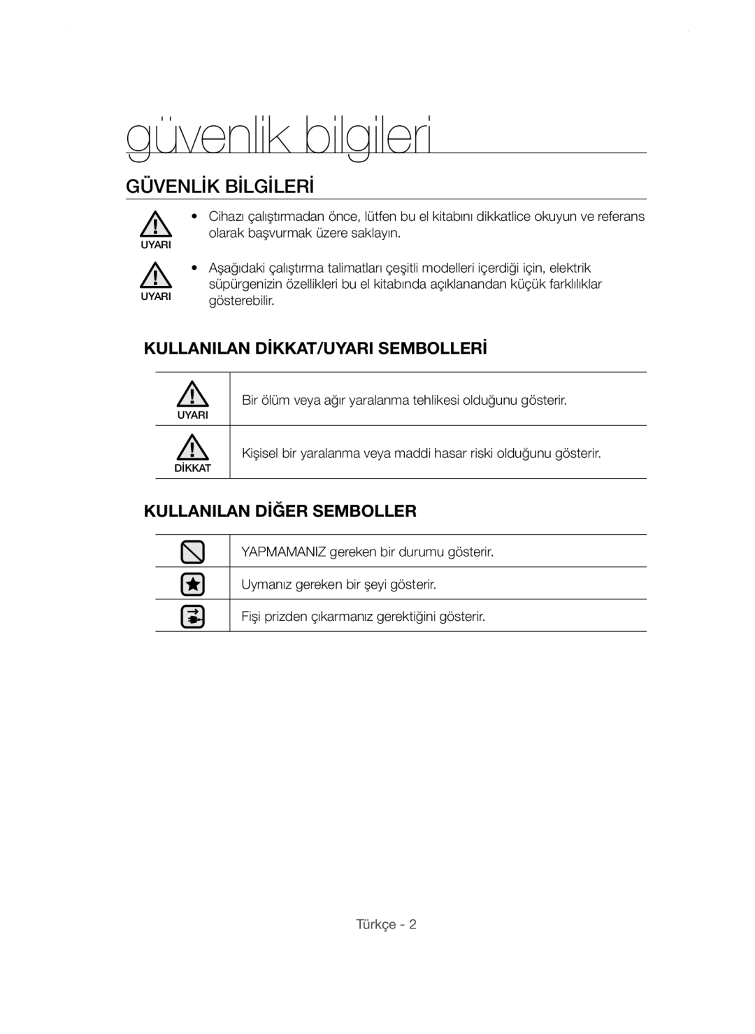 Samsung VC20AHNDC6B/TR, VC15QHNDC6B/EH, VC20AVNDCRD/EG, VC15QVNDCNC/EH, VC20AVNDCRD/TR Güvenlik bilgileri, Güvenlİk Bİlgİlerİ 