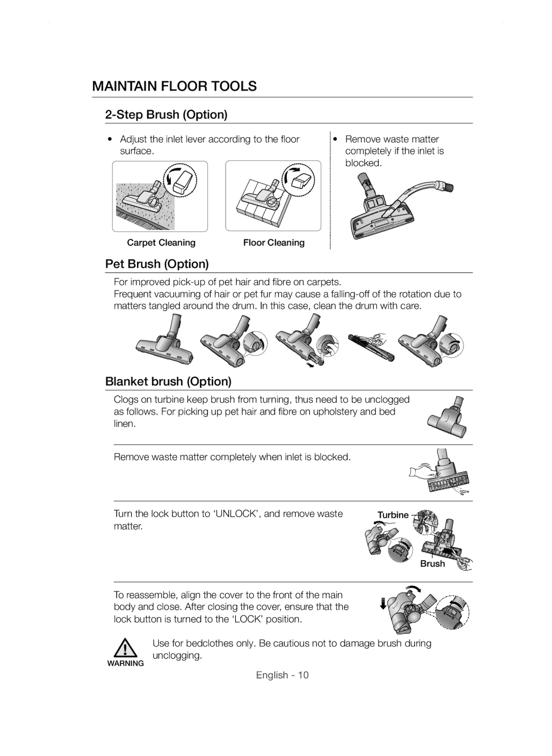 Samsung VC20AVNDCRD/TR, VC15QHNDC6B/EH, VC20AVNDCRD/EG, VC20AHNDC6B/TR manual Maintain Floor Tools, Step Brush Option 