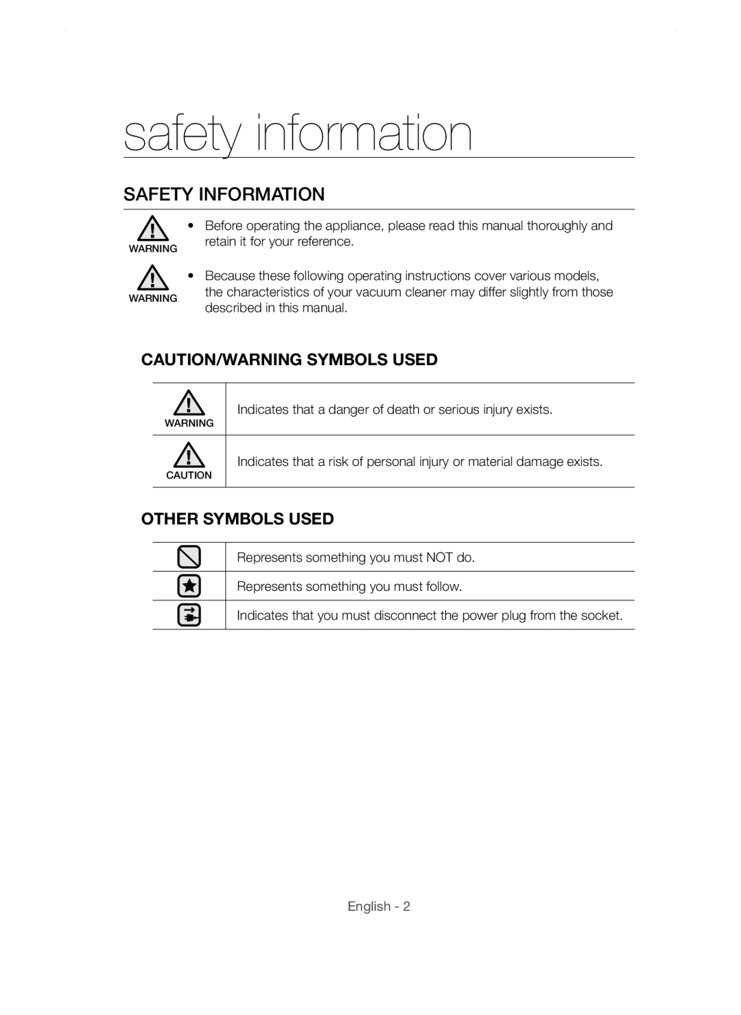 Samsung VC20AHNDC6B/TR safety information, Safety Information, Caution/Warning Symbols Used, Other Symbols Used, English 