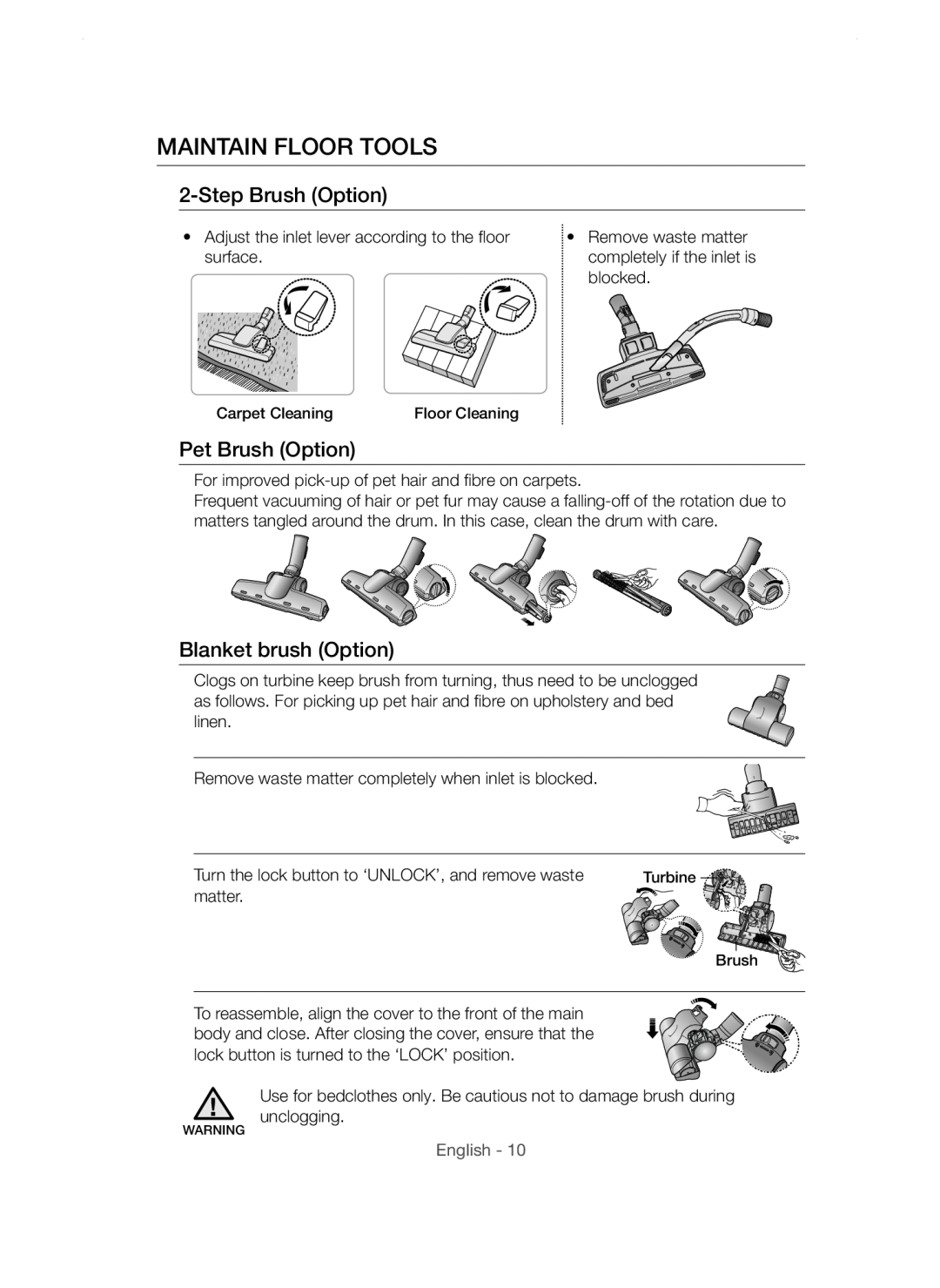 Samsung VC20AVNDCRD/TR manual Maintain Floor Tools, Step Brush Option, Pet Brush Option, Blanket brush Option, English 