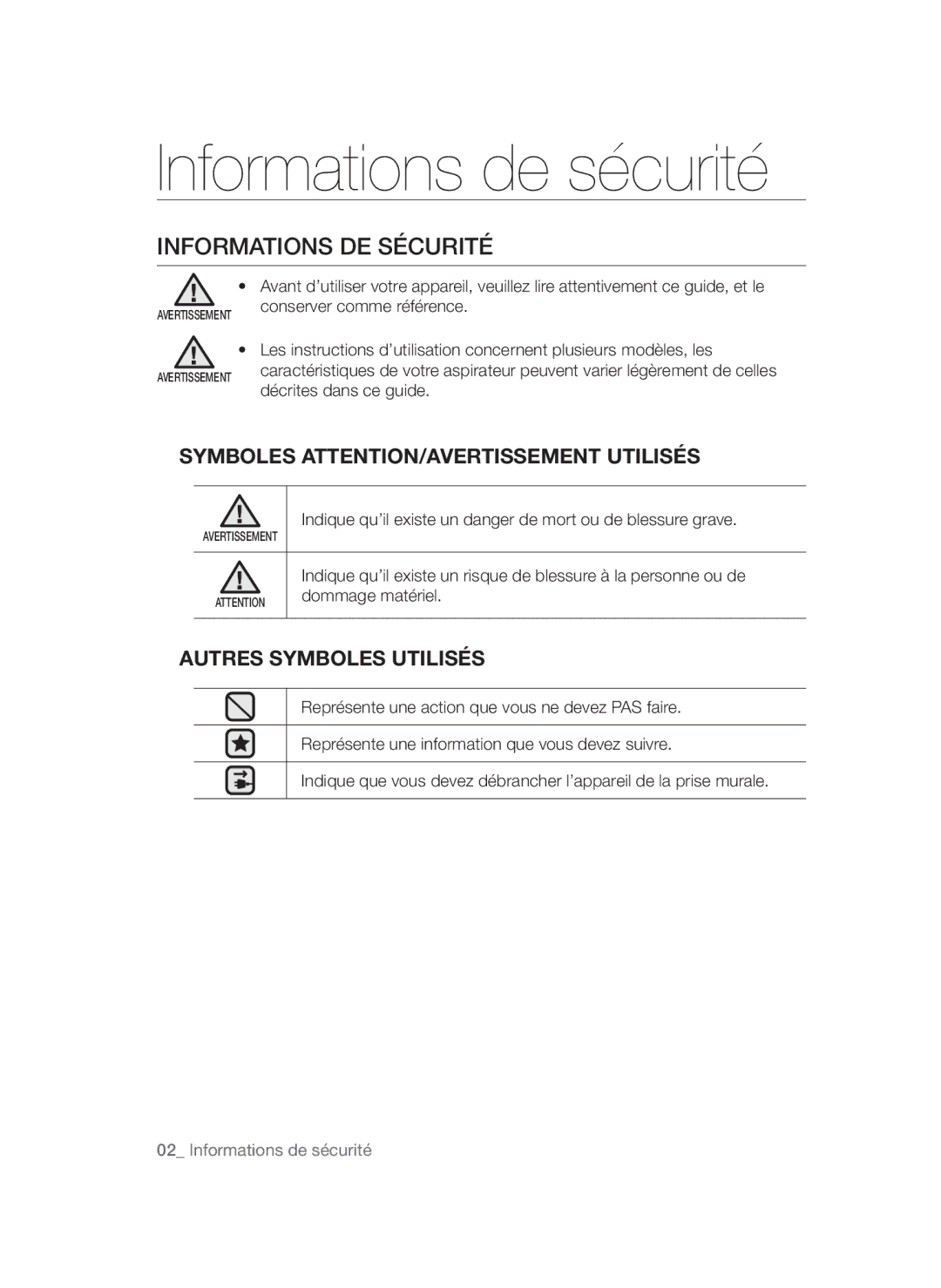 Samsung VC15QSNMARD/EF manual Informations de sécurité, Informations DE Sécurité 