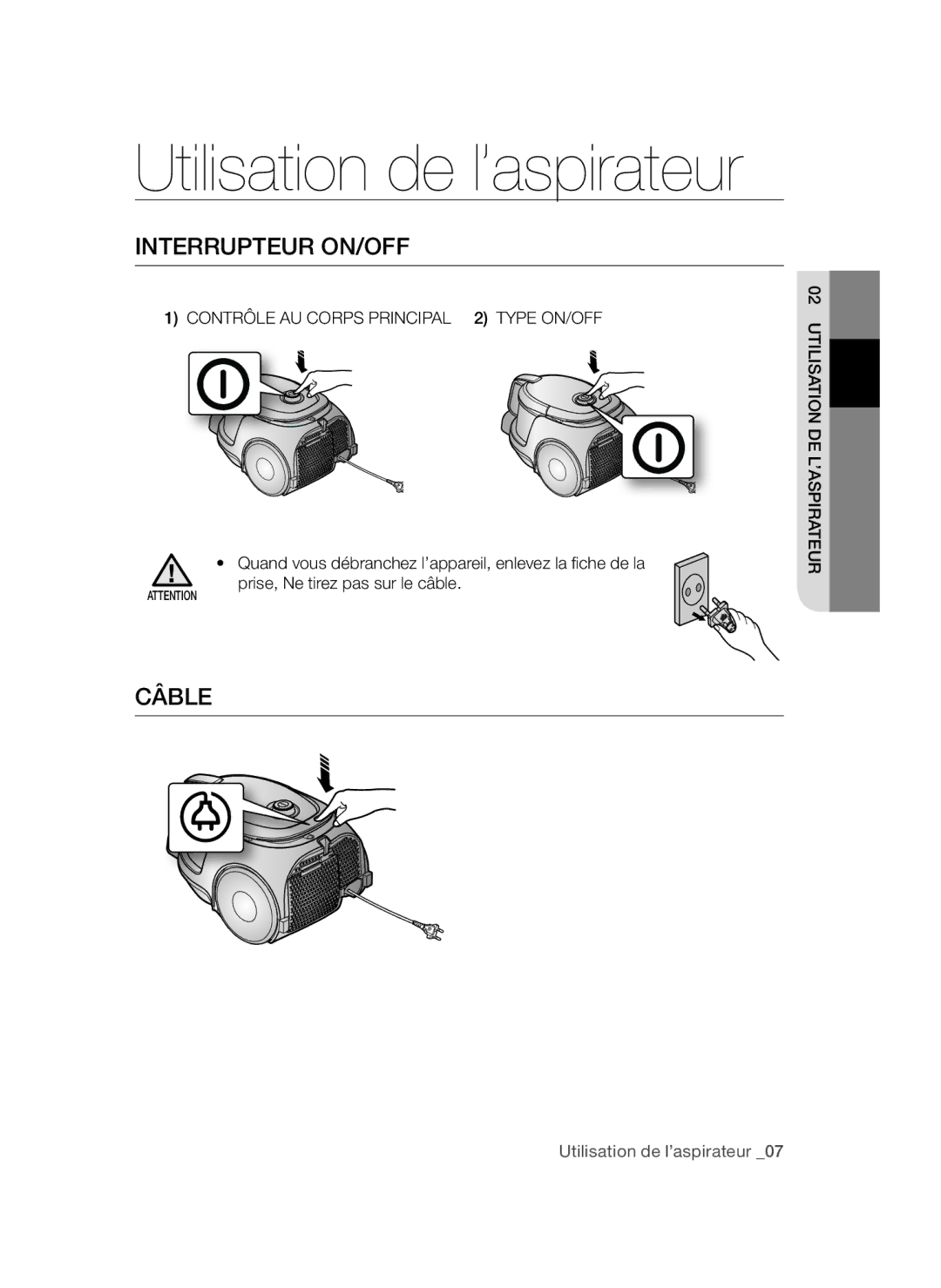 Samsung VC15QSNMARD/EF manual Interrupteur ON/OFF, Câble 